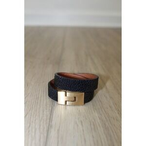 LeighElena Double Jigsaw Bracelet Black Stingray Leather Wrap Gold H Clasp USA